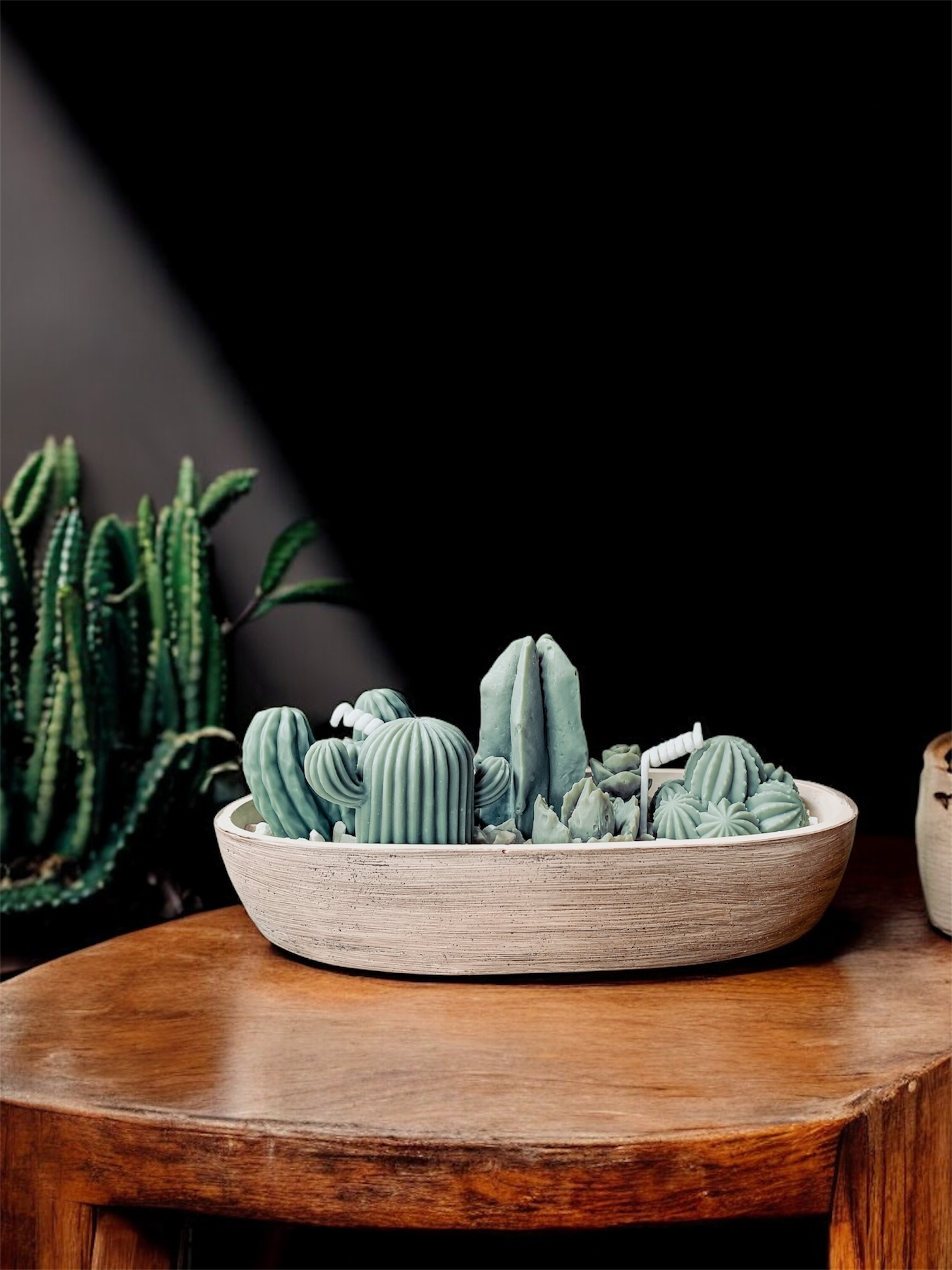 Kaktus Glow Xl świeca z kaktusami - Ręcznie robiona duża świeca sojowa w brązowym ceramicznym naczyniu, dekorowana woskowymi sukulentami i białym grysem marmurowym.