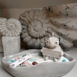 Świeca sojowa come out of your shell, z dekoracyjnym żółwiem wykonanym z wosku sojowego w pojemniku z betonu.