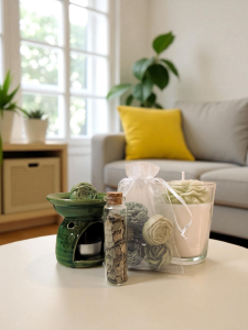 Zestaw prezentowy z kominkiem - Zielona Harmonia - w zestawie zielony kominek na woski, woski w kształcie kwiatów, liść eukaliptusa i bezzapachowa świeca sojowa.