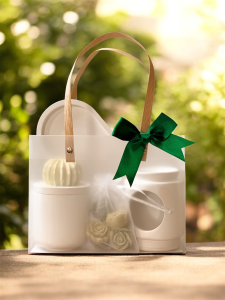 Zielony Kaktus - zestaw prezentowy ze świecą sojową w białym pojemniku z kaktusem, biały kominek i zielone woski sojowe. Zapakowane w torebkę prezentową z zieloną kokardką.