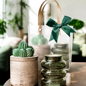 Modny Kaktus zestaw prezentowy w zestawie świeca sojowa z zielonym kaktusem, zielony świecznik w torebce prezentowej z zieloną kokardką.