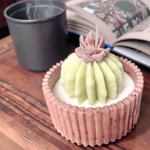 Dekoracyjna świeca sojowa z kaktusem w postarzanym, brązowym pojemniku.