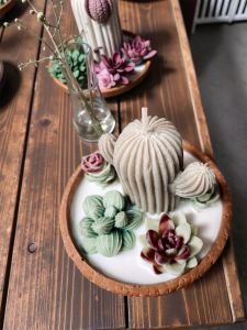 Świeca sojowa kaktusy w doniczce z trzema kolorowymi sojowymi kaktusami.