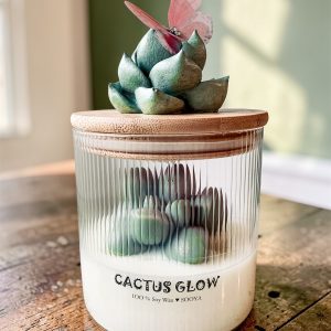 Świeca sojowa Zielony Kaktus w szklanym pojemniku z bambusową pokrywką z dekoracyjnym kaktusem i motylem.
